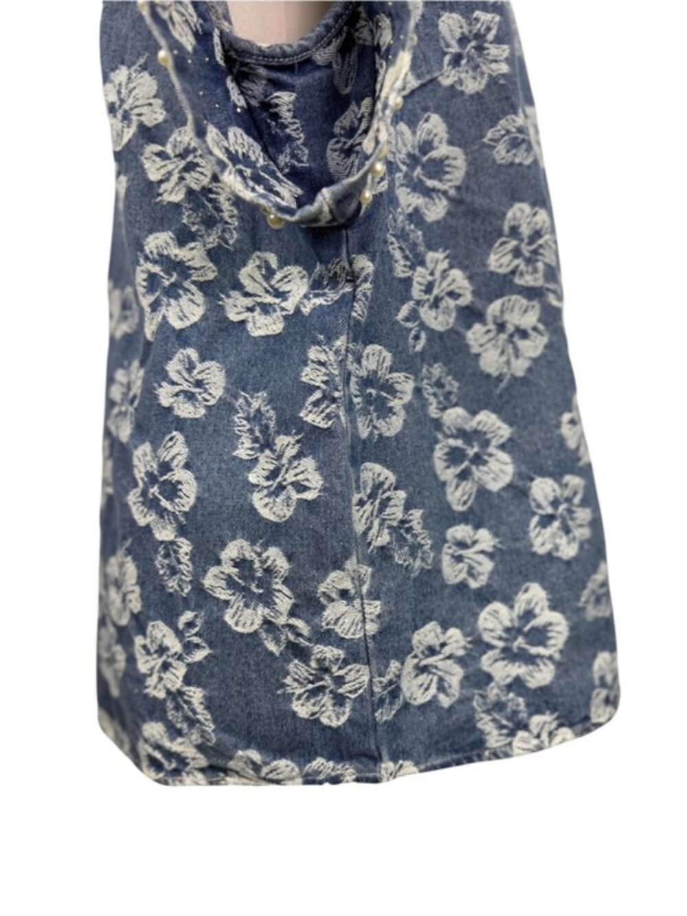 BiBi Floral Denim Chambray Top Pearl Beaded Ruffle Sleeve Boho Western Size S - Picture 5 of 12